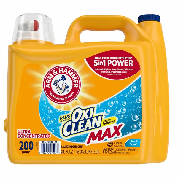 Detergente líquido para ropa Arm & Hammer Plus OxiClean Max HE, fresco, 200 cargas, 200 fl oz